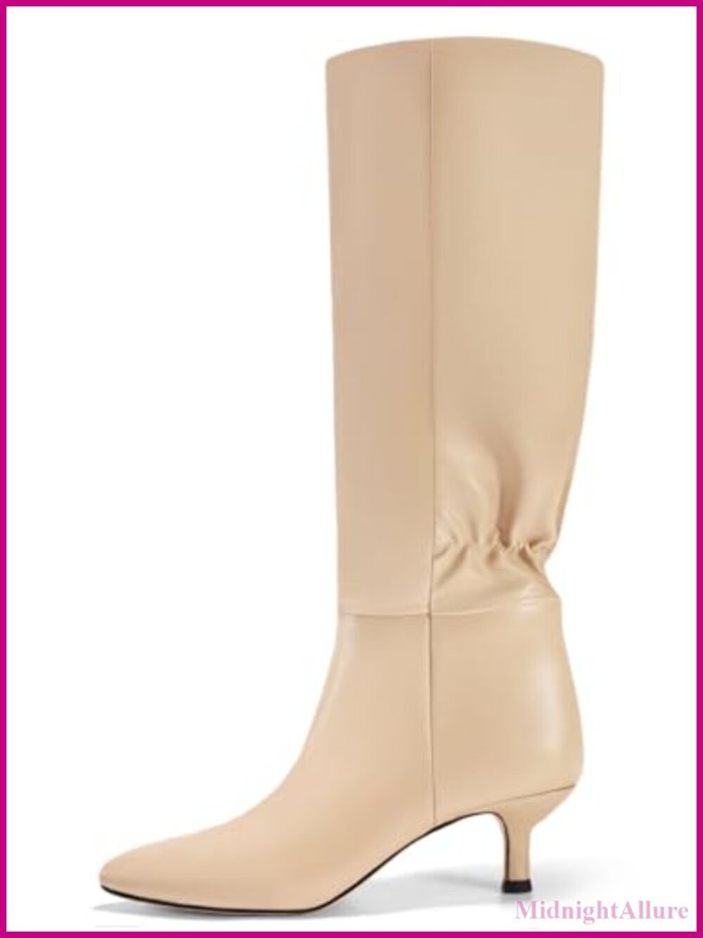 Womens Faux Leather Kitten Heel Knee High Boots Pointed Toe Pull On